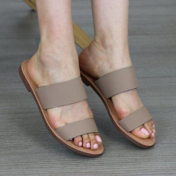 Slip On 2 Strap Flat Sandal Tan Faux Leather - Picture 1 of 8